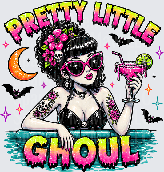 Pretty Little Ghoul Gothic Pin-Up Girl with Skull Tattoos and Cocktail DTF Transfer for Fabric