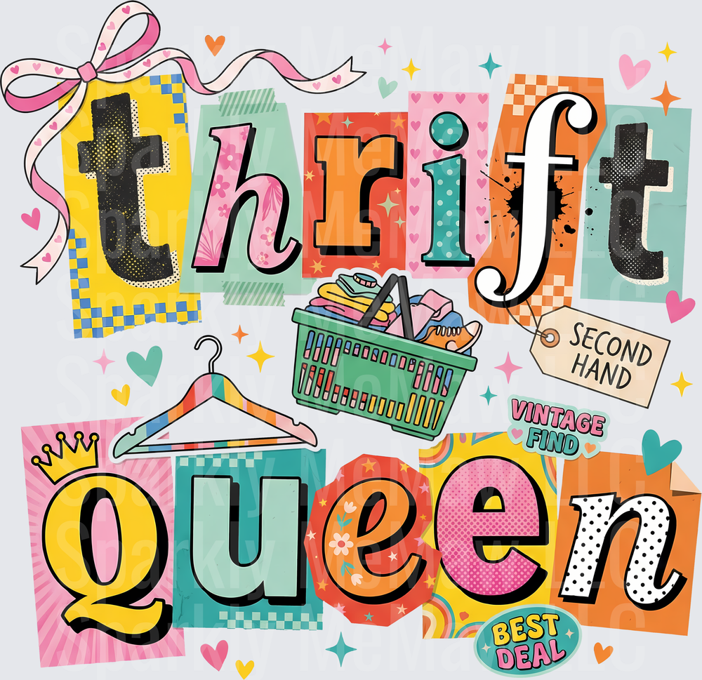 Thrift Queen Vintage Shopping Collage with Bow and Shopping Basket