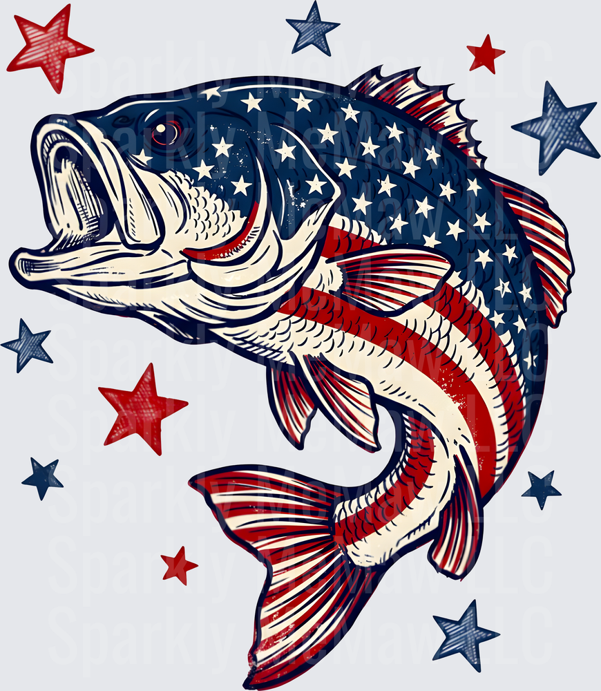 Patriotic Bass Fish with American Flag Stars and Stripes Pattern UV DTF Decal