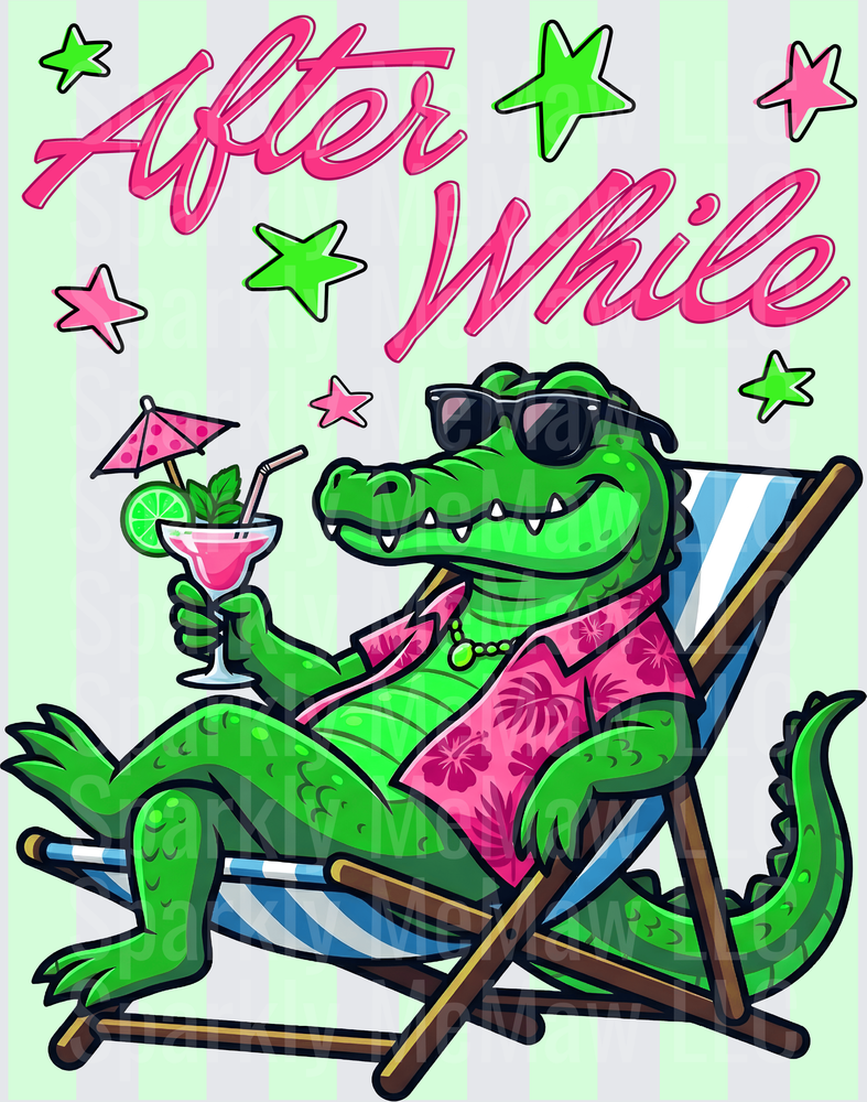 After While Cool Alligator in Beach Chair with Tropical Drink UV DTF Decal