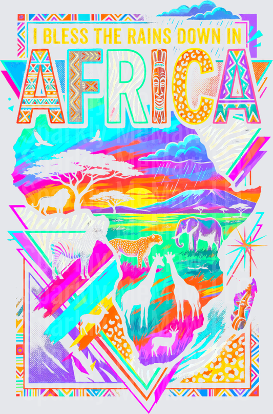 I Bless The Rains Down In Africa Toto Song Lyric Colorful Safari Wildlife Savanna Tribal African Map Design DTF Transfer for Fabrics