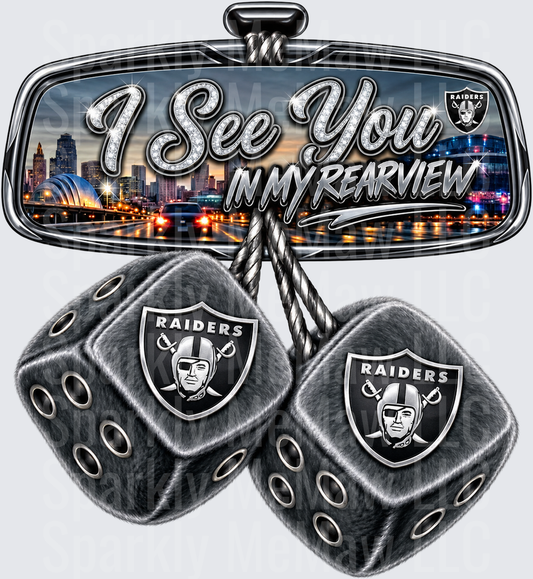 Las Vegas Raiders Rearview Mirror Fuzzy Dice I See You In My Rearview UV DTF Decal