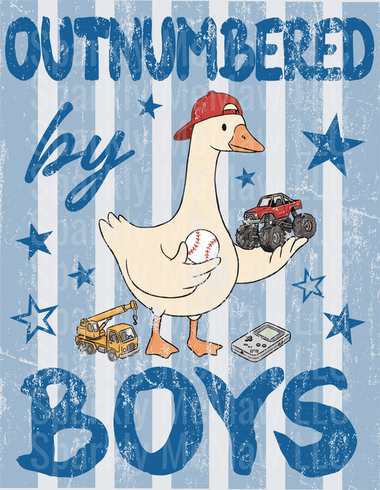 Outnumbered by Boys Goose with Baseball Monster Truck and Toys DTF Transfer for Fabric