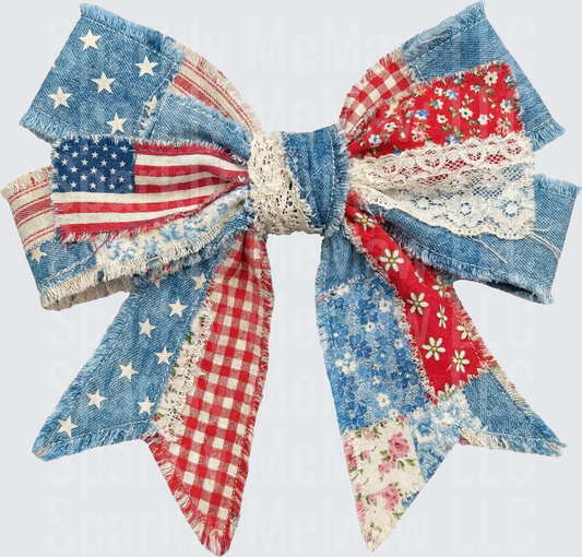 Rustic American Flag Patchwork Bow with Denim Stars and Gingham