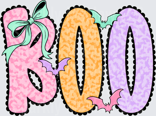 Pastel Halloween BOO Letters with Bats and Mint Bow DTF Transfer for Fabrics