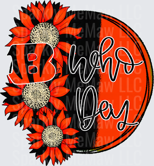 Cincinnati Bengals Who Dey Orange Black Sunflower Floral Circle DTF Transfer for Fabrics