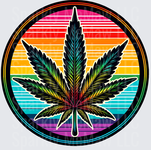 Rainbow Gradient Cannabis Leaf with Retro Sunset Stripes Circle UV DTF Decal