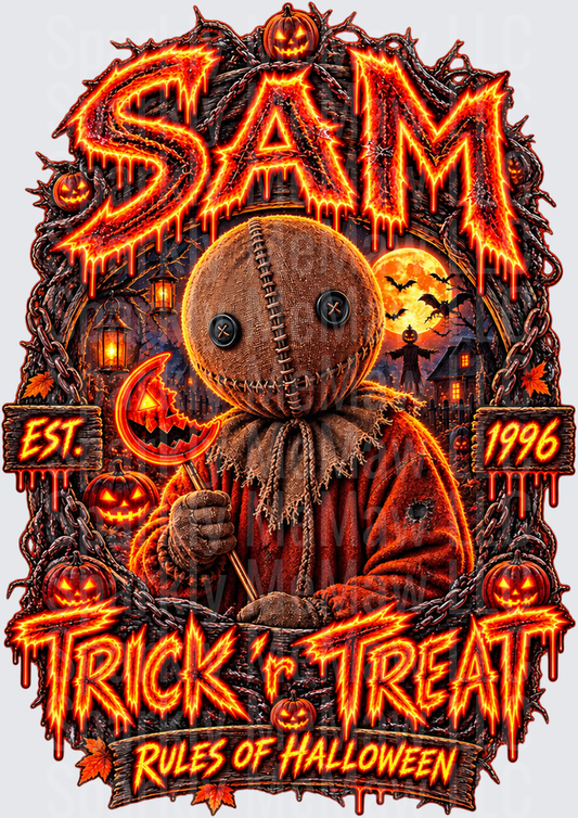 Sam Trick 'r Treat Rules Halloween this is a UV DTF Decal