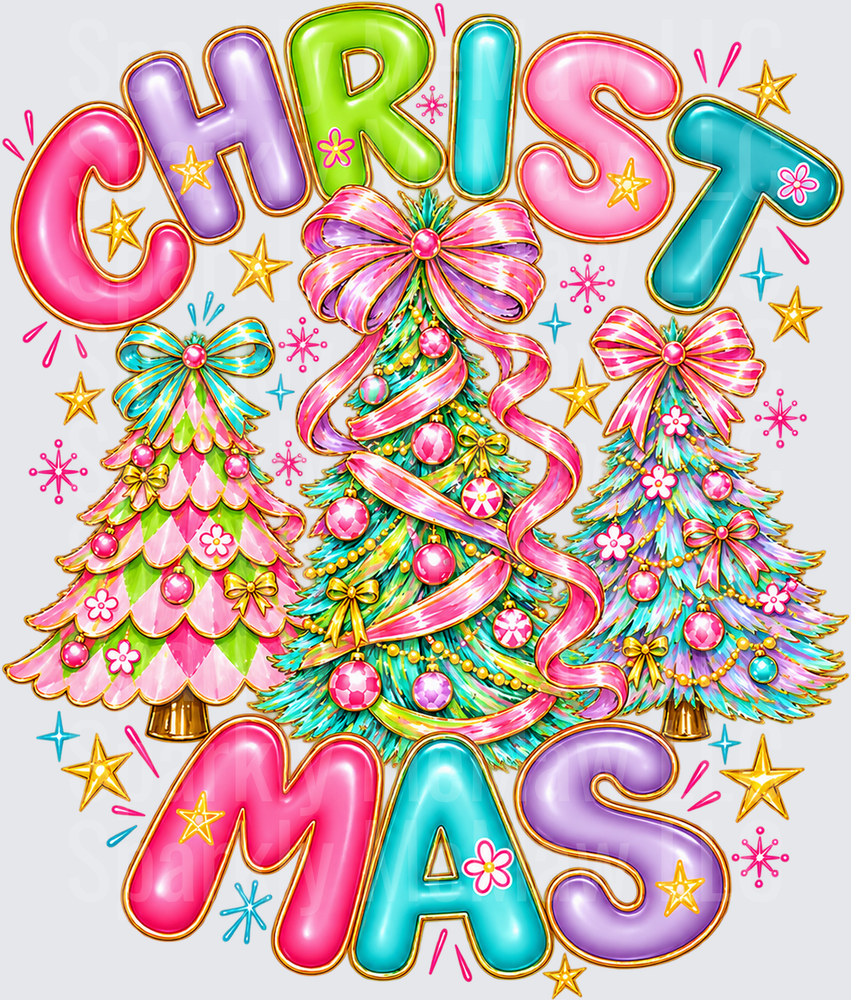 Bright Colorful Christmas Trees DTF Transfer for Fabrics