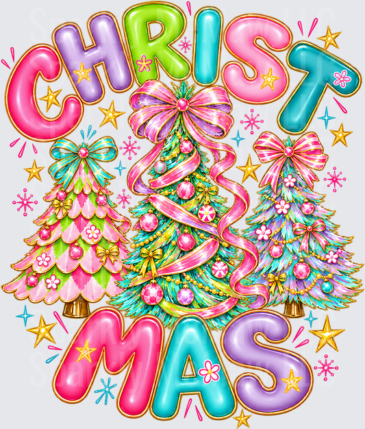 Bright Colorful Christmas Trees DTF Transfer for Fabrics