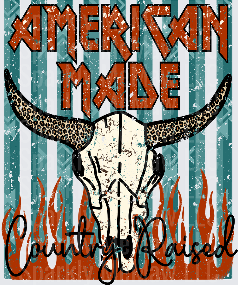American Made Country Raised Bull Skull with Flames UV DTF Decal
