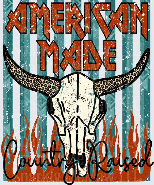 American Made Country Raised Bull Skull with Flames UV DTF Decal