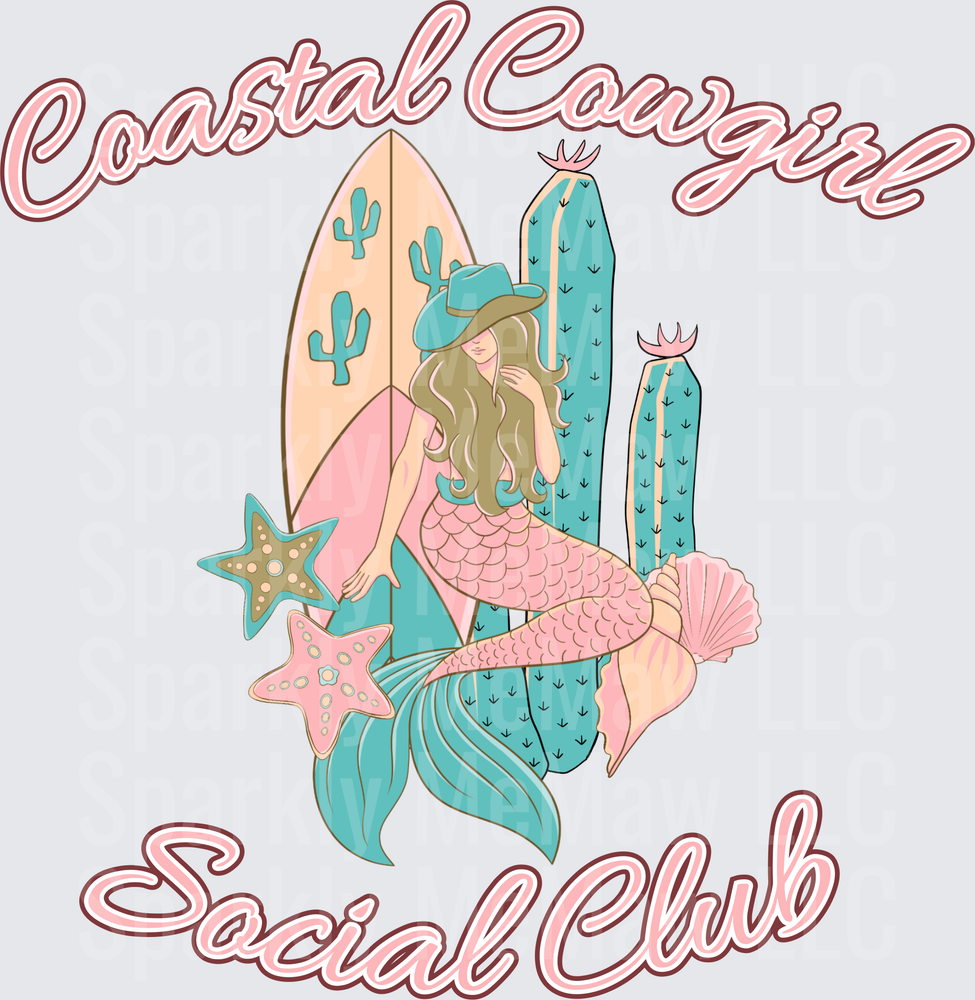 Coastal Cowgirl Social Club Mermaid with Surfboard and Cacti UV DTF Decal