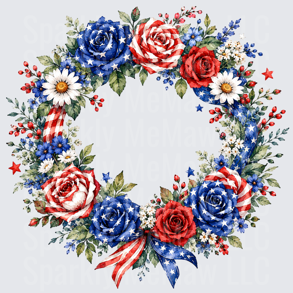 Patriotic American Flag Floral Heart Wreath with Red White Blue Roses UV DTF Decal