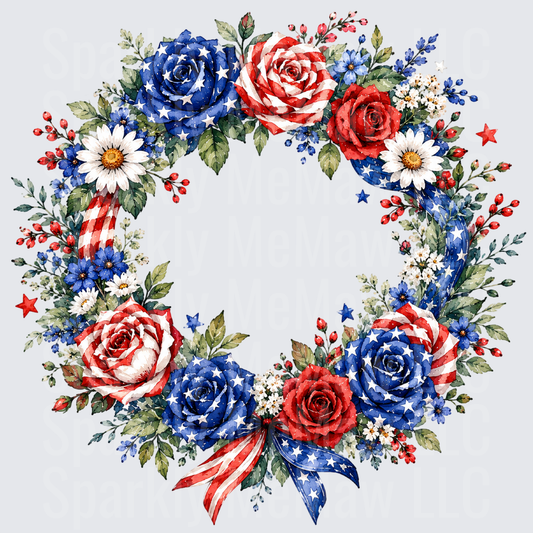 Patriotic American Flag Floral Heart Wreath with Red White Blue Roses UV DTF Decal