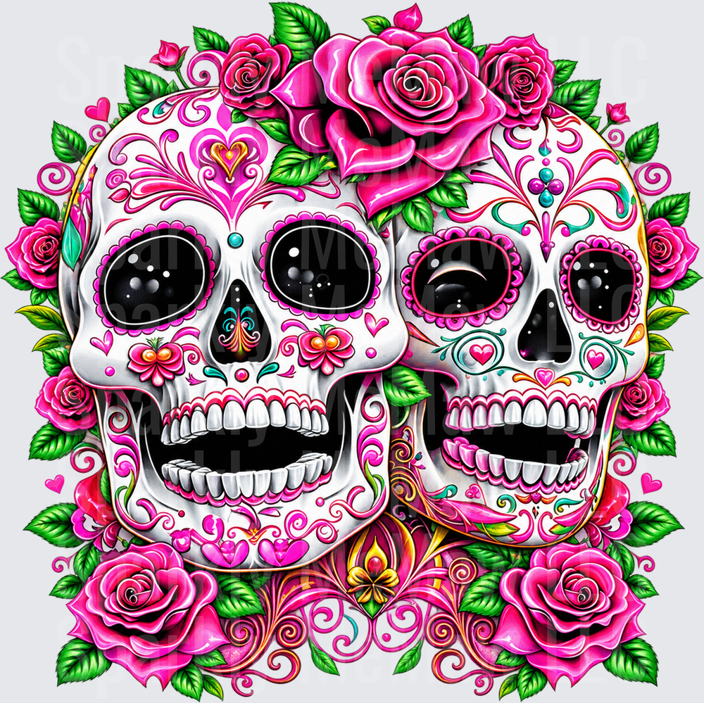 Dual Sugar Skulls Pink Roses UV DTF Decal