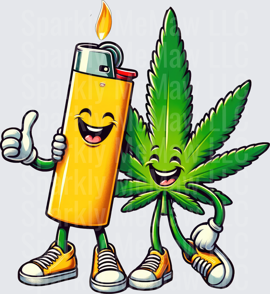 Happy Lighter and Cannabis Leaf Best Friends Cartoon Characters UV DTF Decal