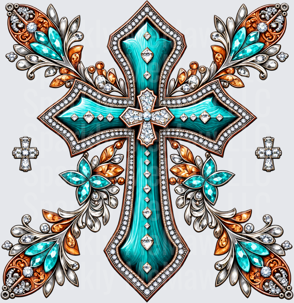 Turquoise Jeweled Ornate Cross is a DTF Transfer for Fabrics