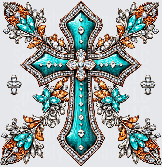 Turquoise Jeweled Ornate Cross is a DTF Transfer for Fabrics