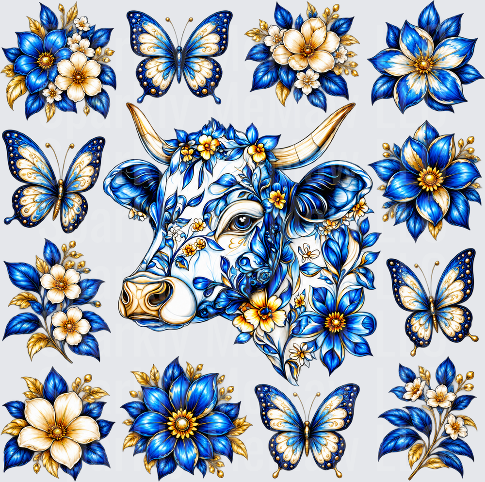 Blue Floral Cow Butterfly Collection is a 10X10 uv dtf full sheet