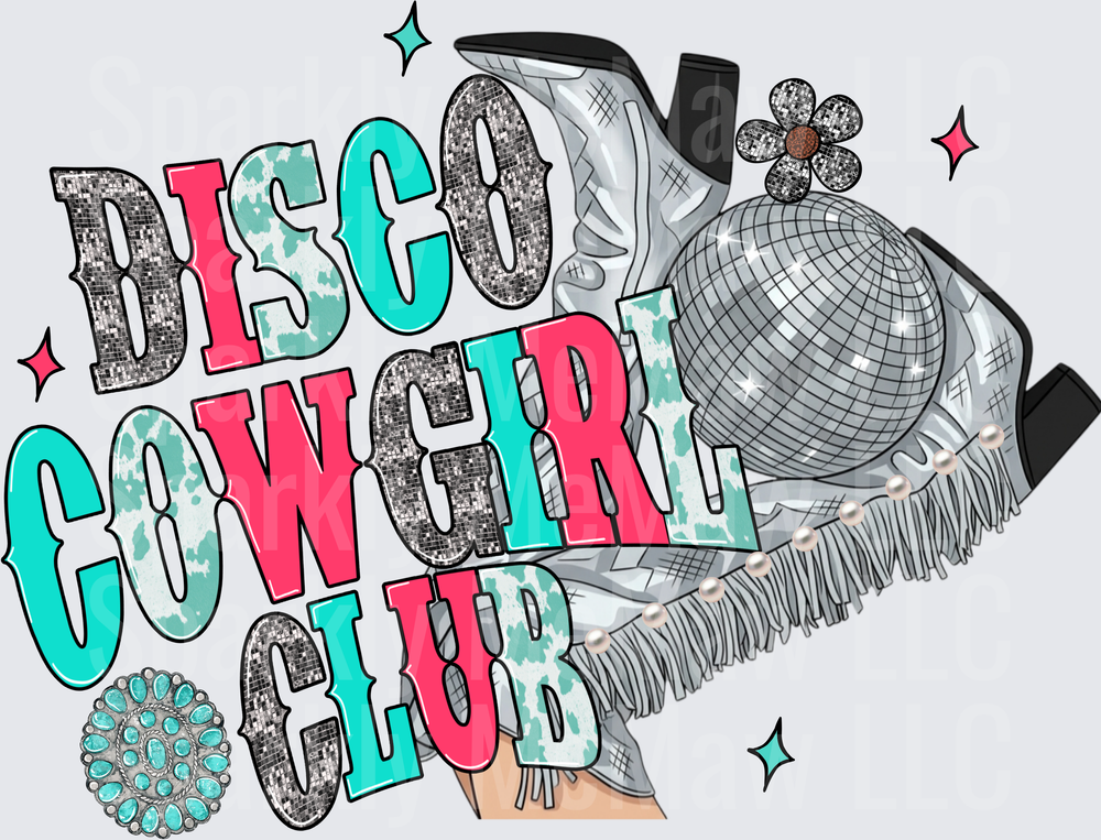 Disco Cowgirl Club Western Hat with Glitter Ball and Turquoise Accents UV DTF Decal
