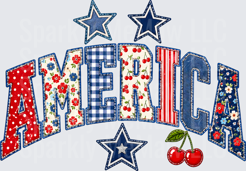 America Patriotic Text with Stars Cherries Floral Patterns UV DTF Decal
