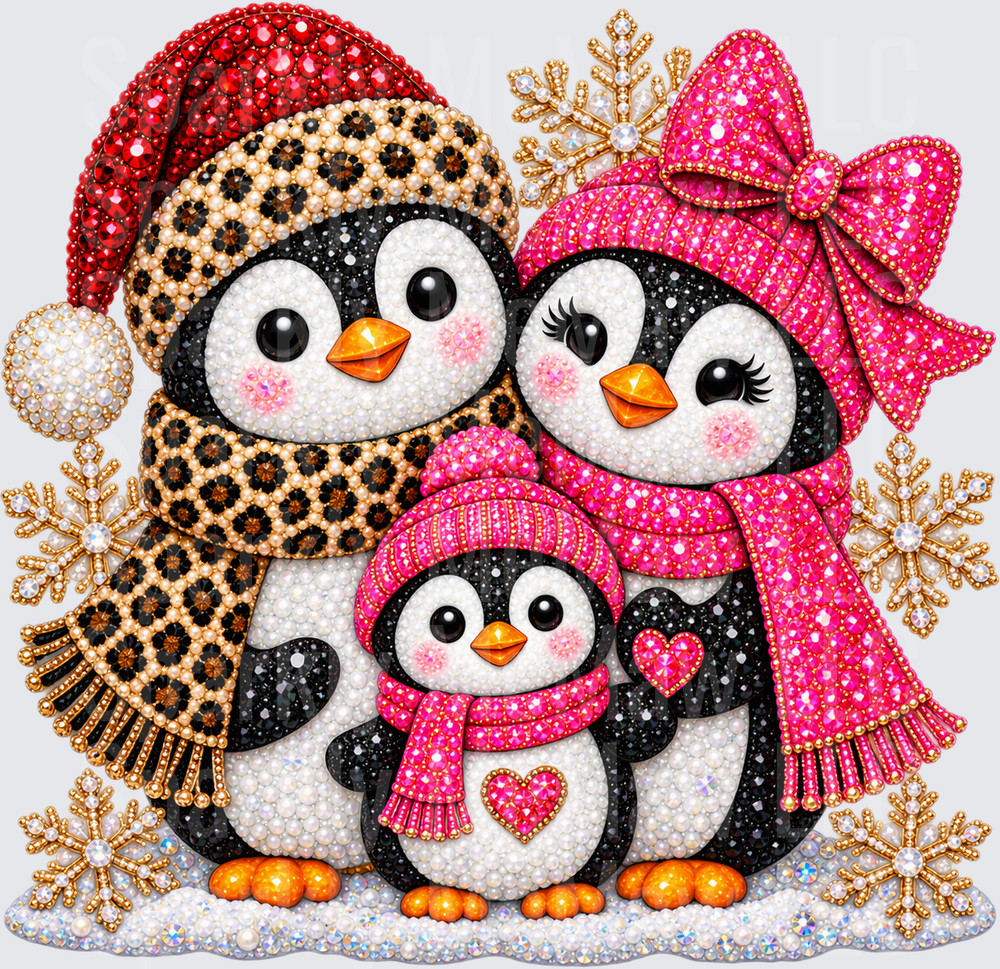 Jeweled Christmas Penguin Family UV DTF Decal