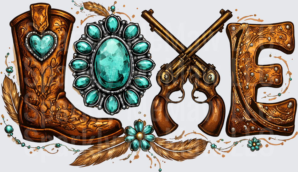 Western Love Cowboy Boots Turquoise Concho Crossed Revolvers UV DTF Decal