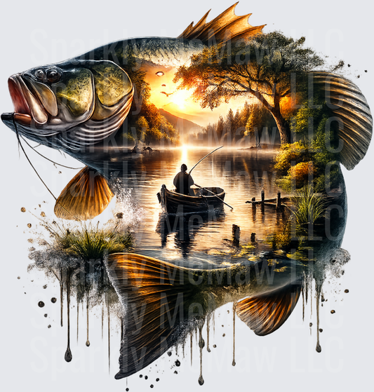 Bass Fish Silhouette with Sunset Lake Fishing Scene UV DTF Decal