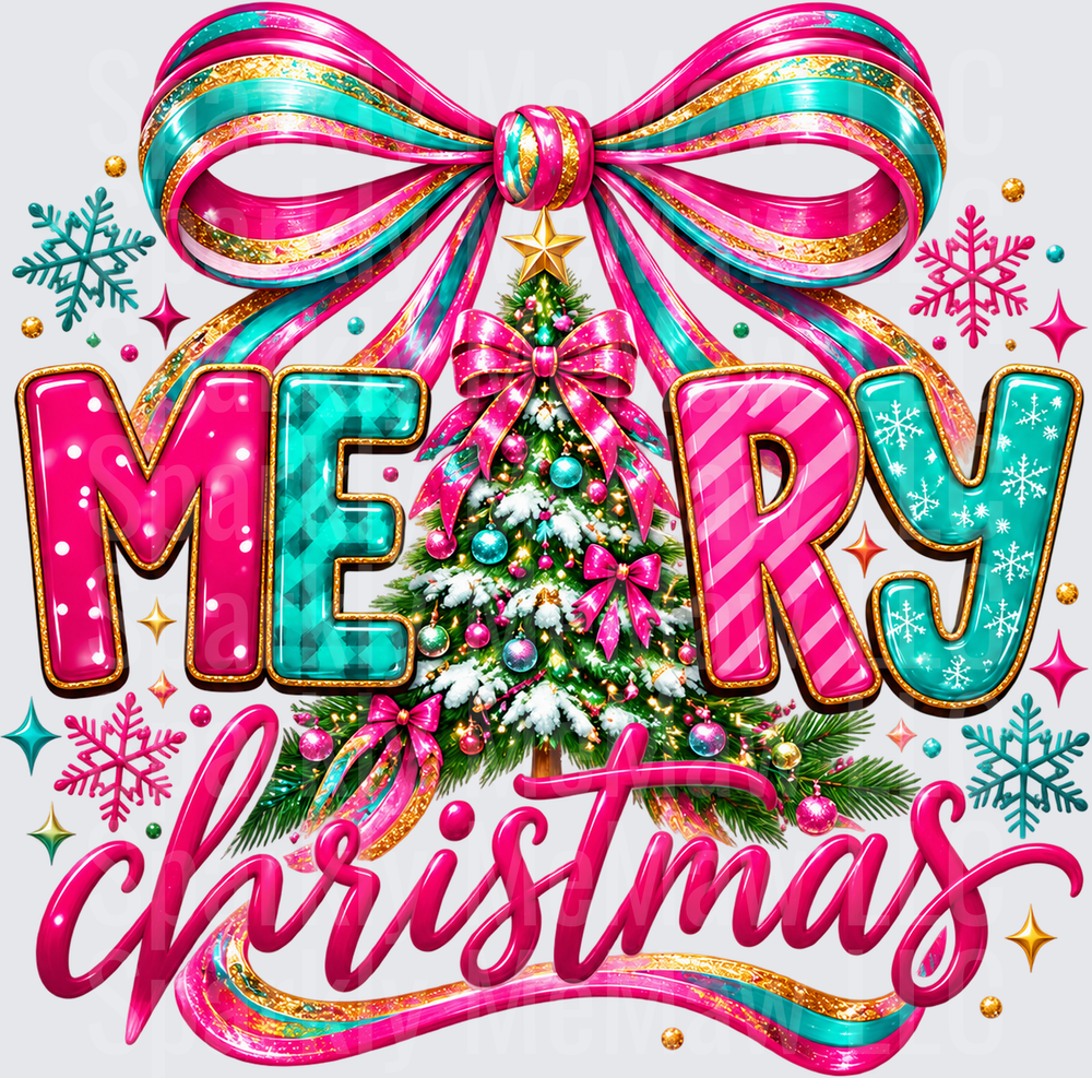 Merry Christmas Pink Bow Tree UV DTF Decal