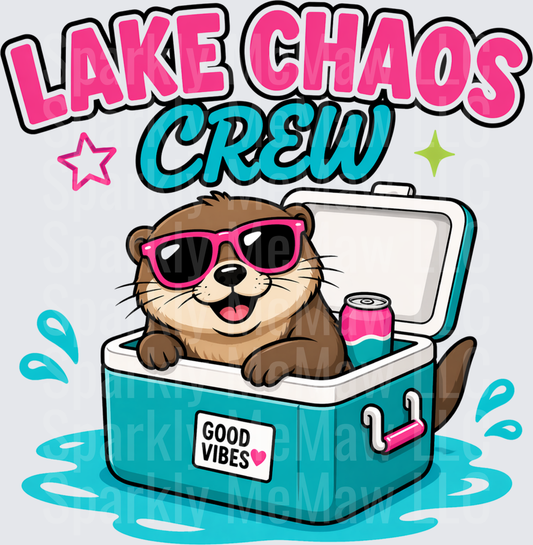 Lake Chaos Crew Cool Otter in Cooler with Pink Sunglasses Good Vibes Summer Design DTF Transfer for Fabric