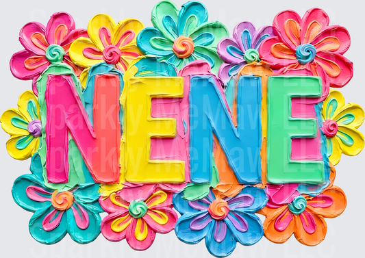 Colorful NENE Text with Vibrant Tropical Flowers UV DTF Decal