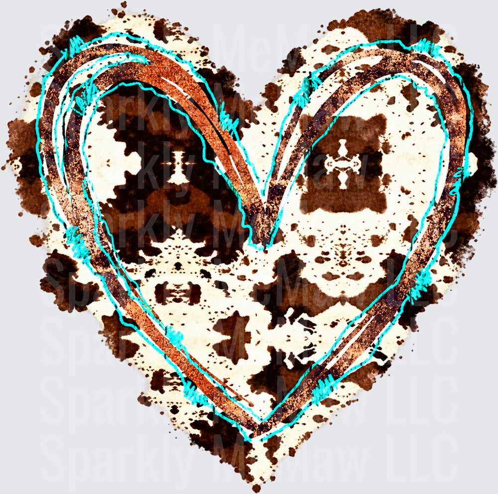 Cowhide Heart Turquoise Outline DTF Transfer for Fabrics
