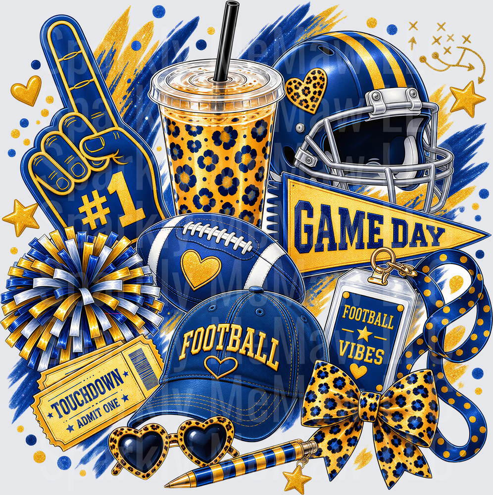 Blue Gold Game Day Football Vibes UV DTF Decal