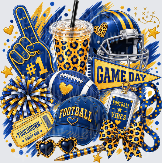 Blue Gold Game Day Football Vibes UV DTF Decal