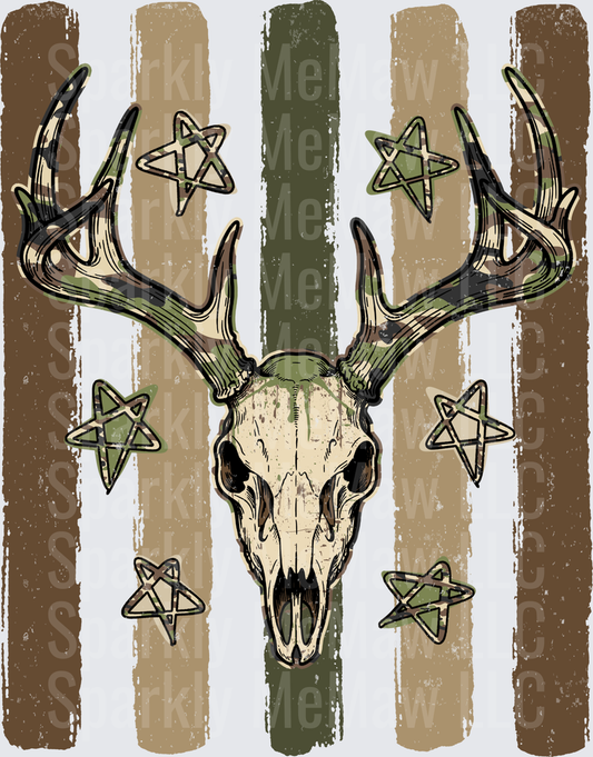 Deer Skull with Antlers on Rustic Striped Background with Star Accents UV DTF Decal