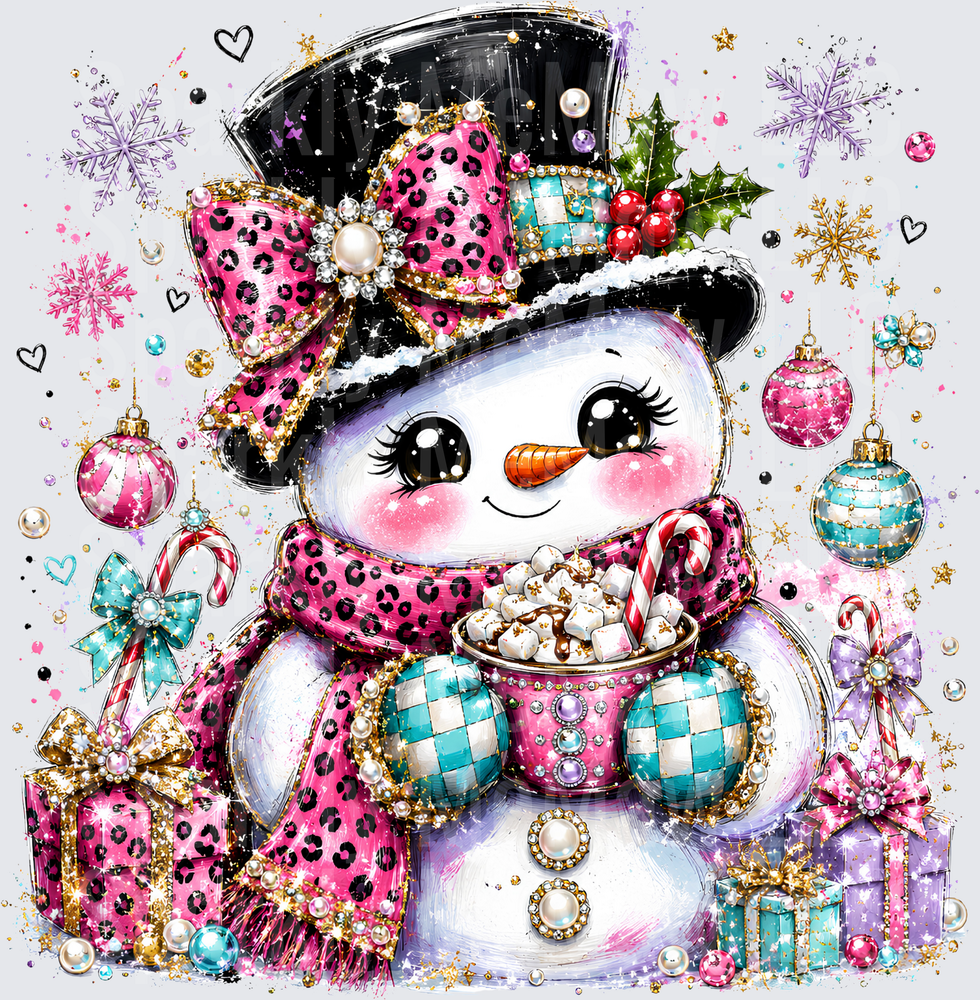 Glam Snowman Pink Leopard Print Top Hat Hot Cocoa Christmas DTF Transfer for Fabrics