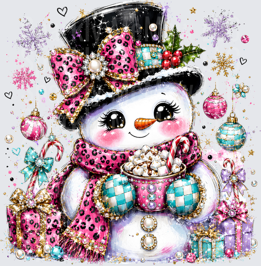Glam Snowman Pink Leopard Print Top Hat Hot Cocoa Christmas DTF Transfer for Fabrics