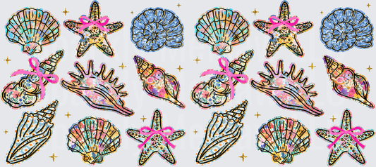 Colorful Seashells and Starfish with Pink Bows Pattern UV DTF 16 oz Wrap
