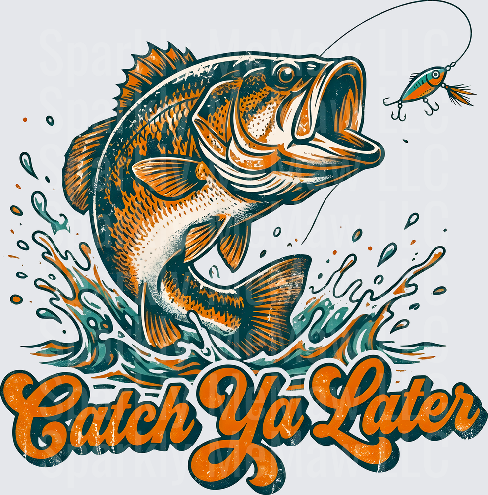 Bass Fish Jumping with Fishing Lure and Catch Ya Later Text UV DTF Decal