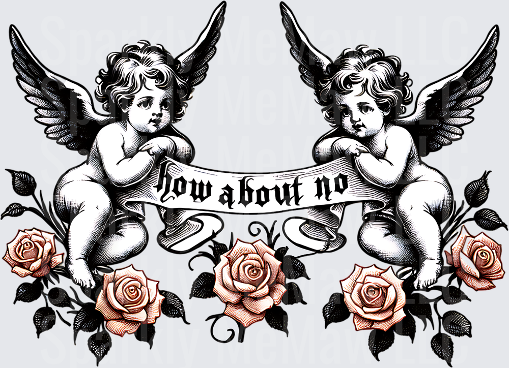 Vintage Cherub Angels with How About No Banner and Red Roses UV DTF Decal