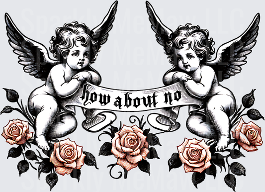Vintage Cherub Angels with How About No Banner and Red Roses UV DTF Decal