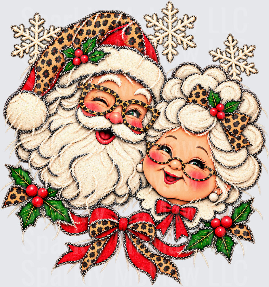 Retro Santa and Mrs. Claus Leopard Print is a DTF Transfer for Fabrics