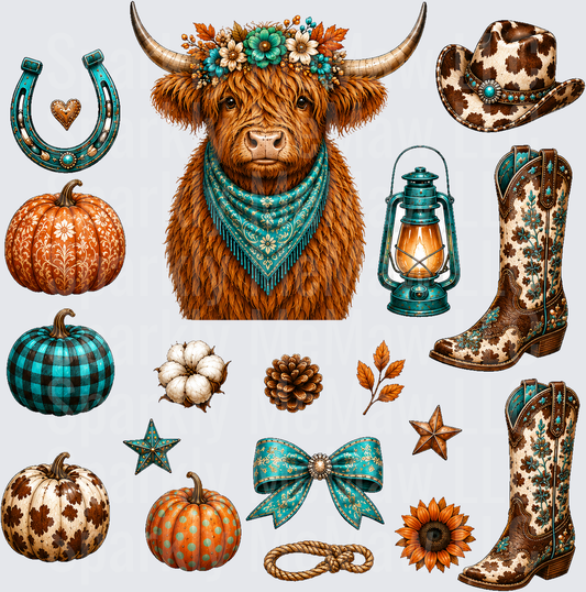 Boho Highland Cow Fall Collection UV DTF 10 inch cut and stick sheet
