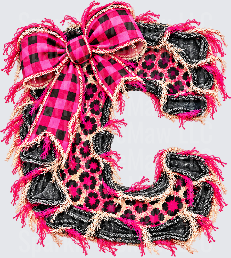 Hot Pink Buffalo Plaid Letter C DTF Transfer for Fabrics