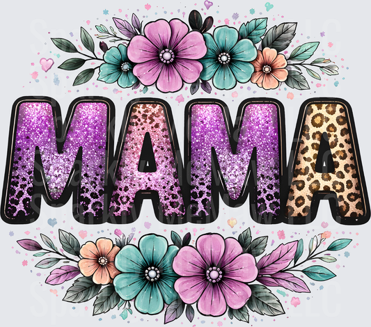 MAMA Purple Glitter Leopard Print Floral Border UV DTF Decal