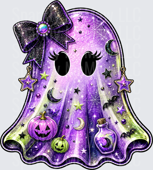 Cute Halloween Ghost with Purple Galaxy Print and Sparkly Bow DTF Transfer