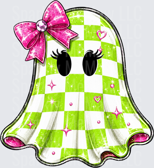 Cute Kawaii Ghost with Pink Bow Green Checkered Pattern DTF Transfer
