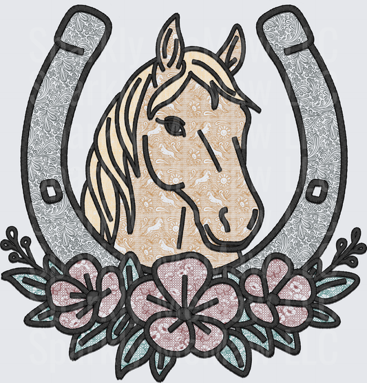 Vintage Horse Head in Decorative Horseshoe with Floral Border DTF Transfer