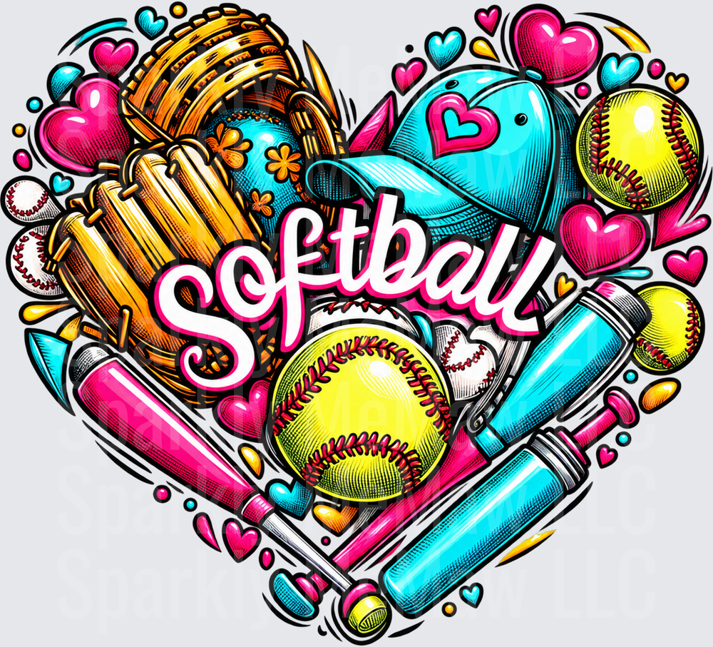 Softball Love Heart Design UV DTF DECAL (HARD SMOOTH SURFACE)